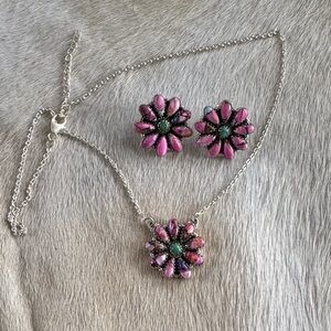 Pink Dhalia and Sterling Silver Silver Floral Earring and Necklace Set